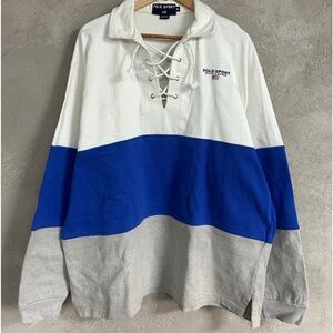 Vintage polo sport lace up rugby shirt tr color white blue gray 1990s